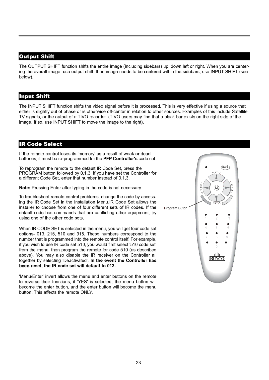 Runco PL-61CX manual Output Shift, Input Shift, IR Code Select 