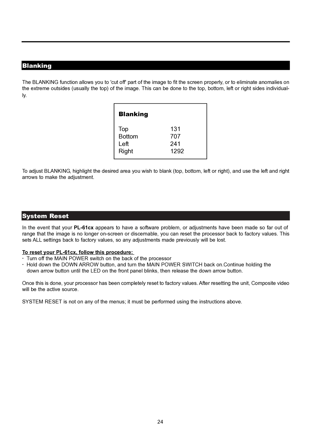 Runco PL-61CX manual Blanking, System Reset 