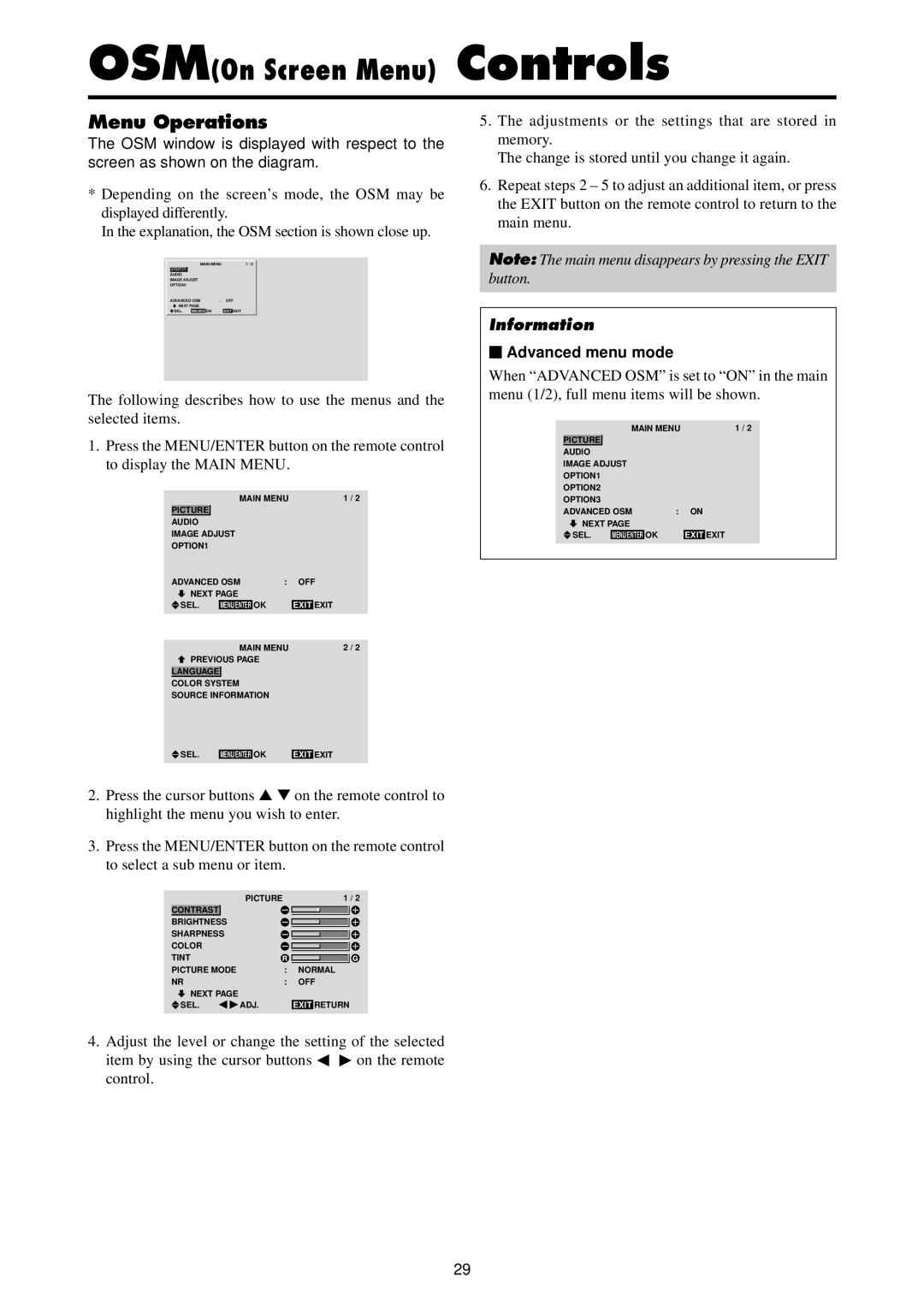 Runco PL-61CX manual Menu Operations,  Advanced menu mode 