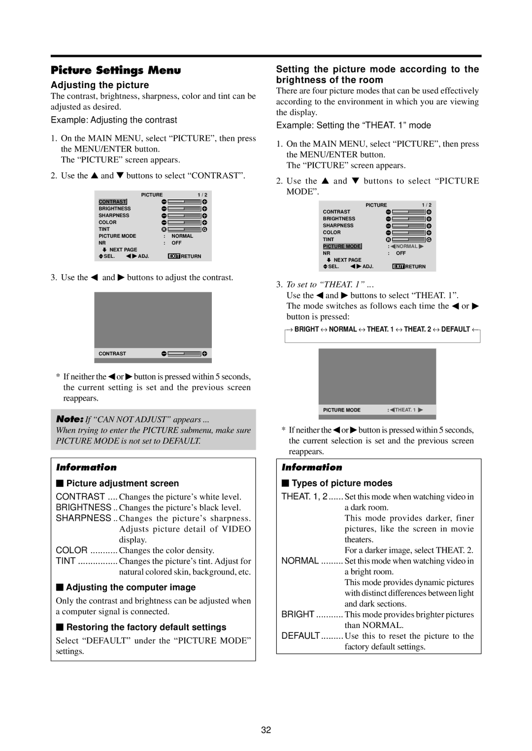 Runco PL-61CX manual Picture Settings Menu, Adjusting the picture 