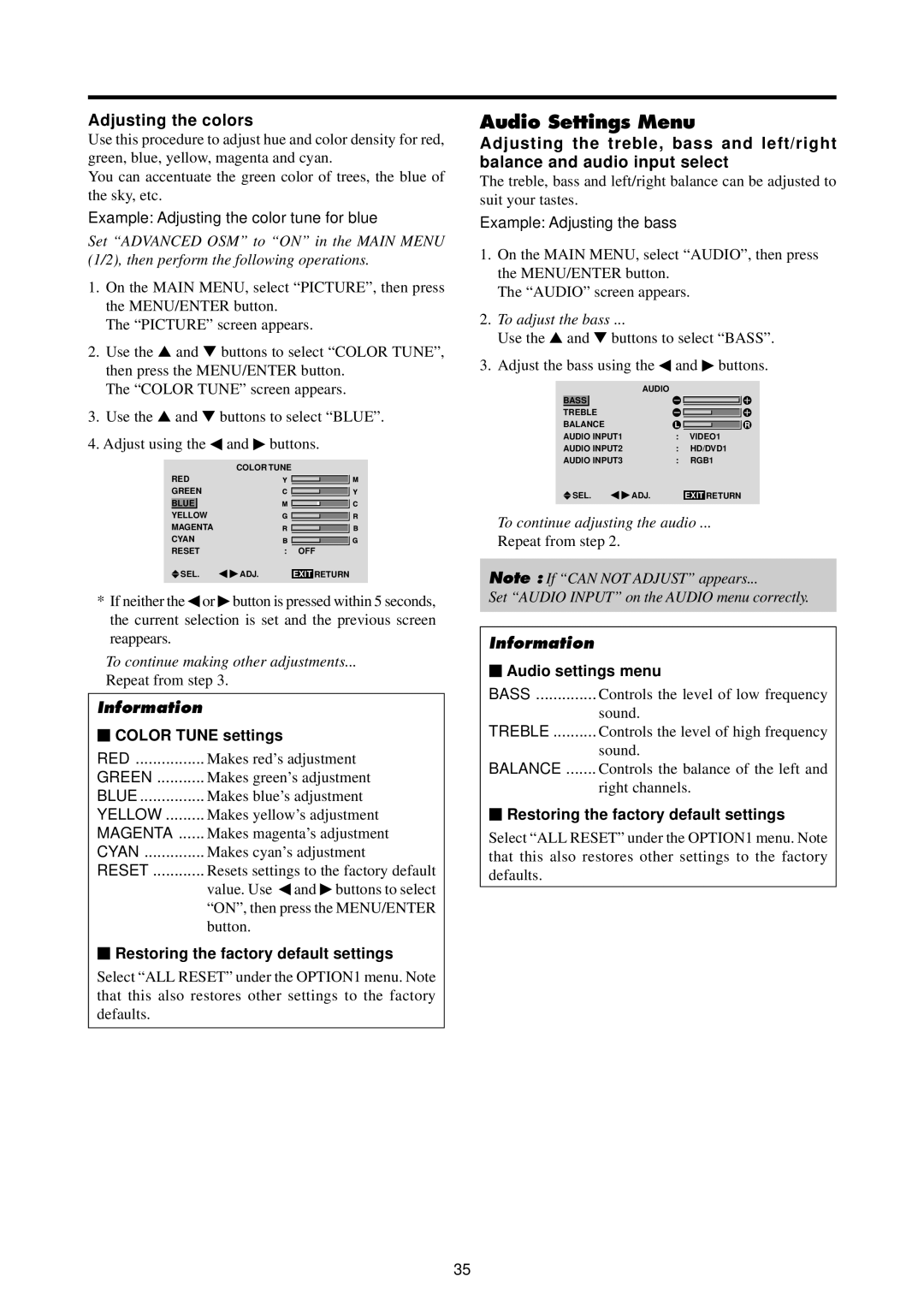 Runco PL-61CX manual Audio Settings Menu, Adjusting the colors,  Color Tune settings,  Audio settings menu 