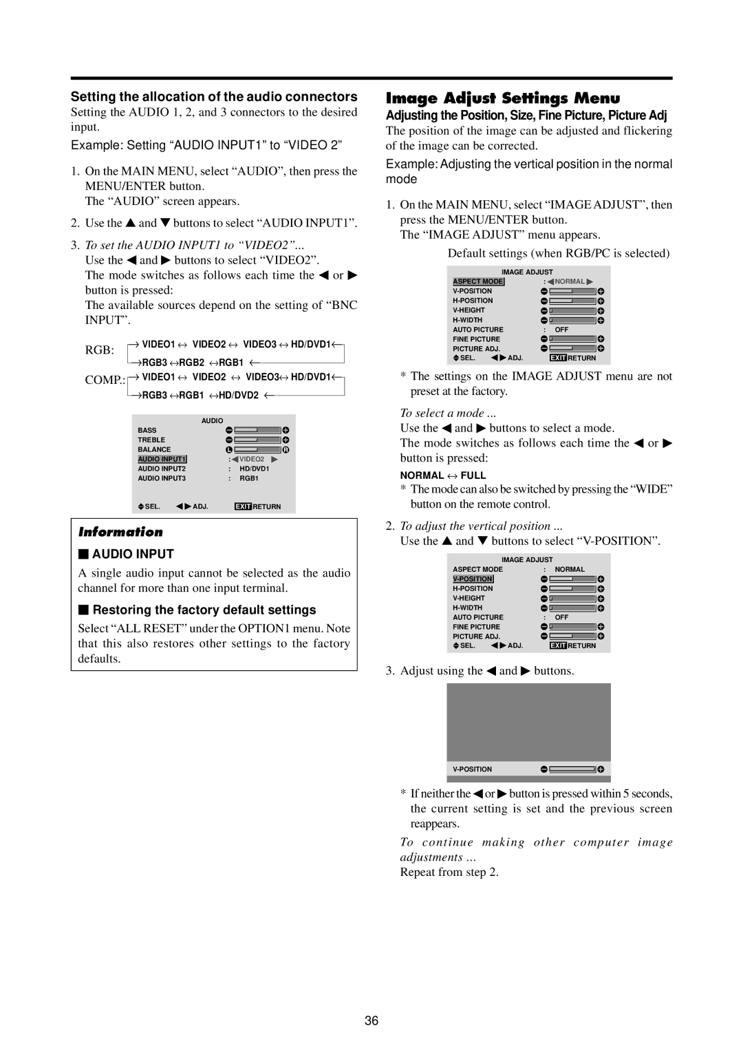 Runco PL-61CX manual Image Adjust Settings Menu, Setting the allocation of the audio connectors 