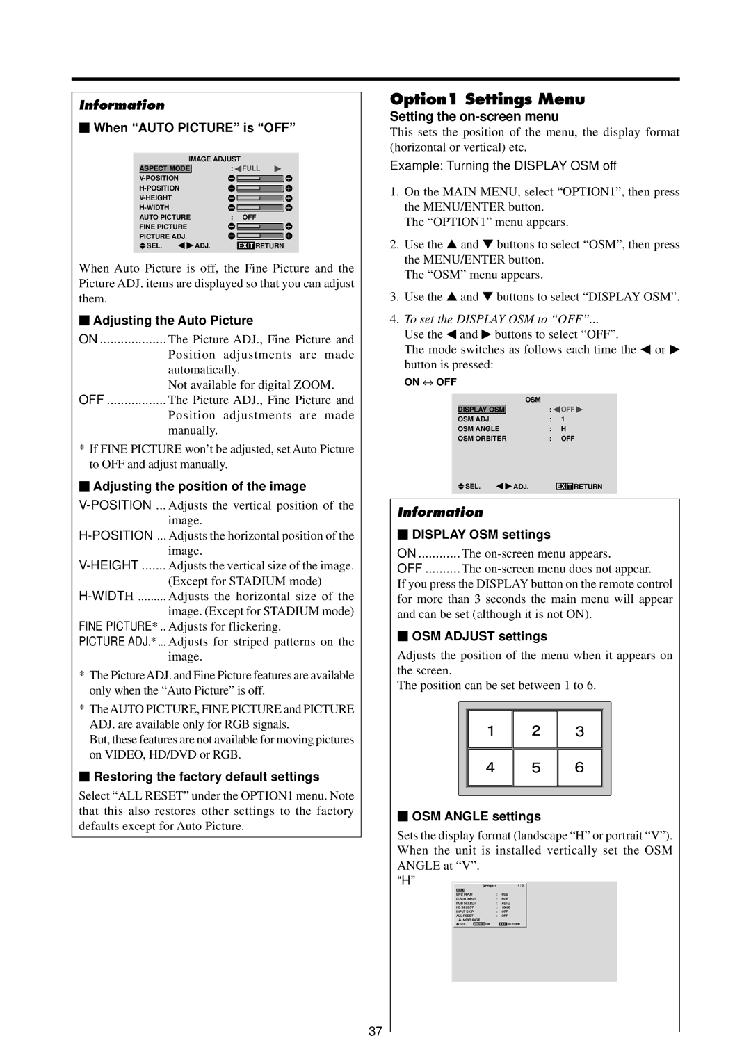 Runco PL-61CX manual Option1 Settings Menu, Setting the on-screen menu 