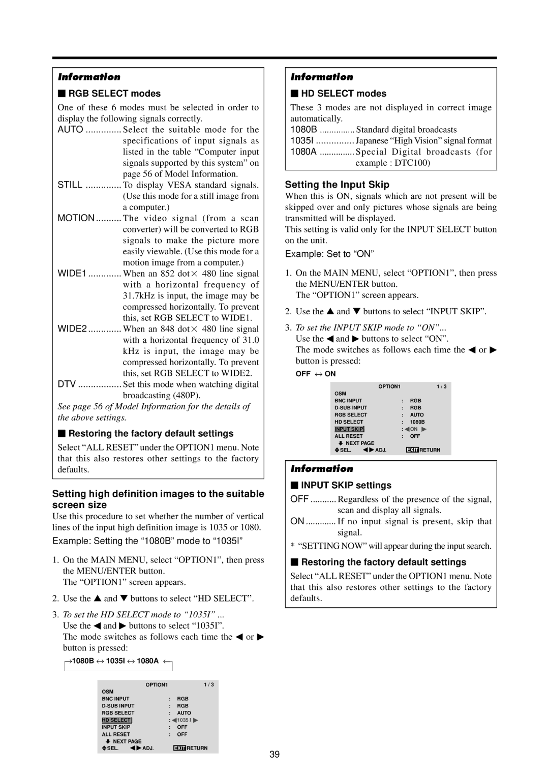 Runco PL-61CX manual Setting high definition images to the suitable screen size, Setting the Input Skip,  RGB Select modes 