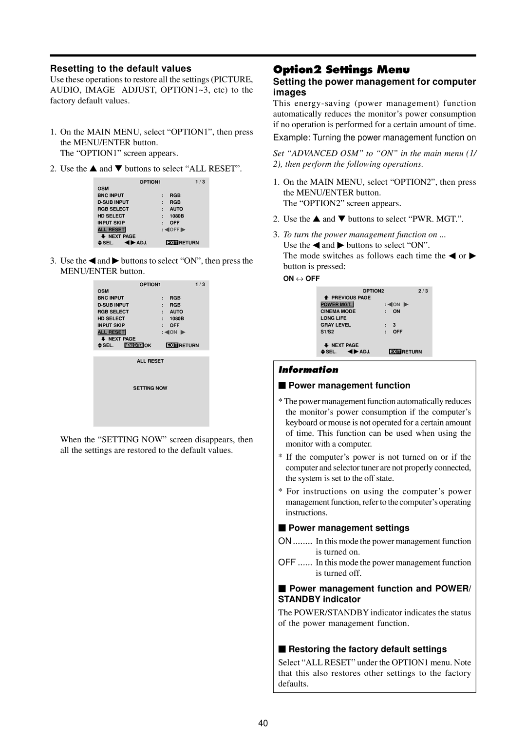 Runco PL-61CX Option2 Settings Menu, Resetting to the default values, Setting the power management for computer images 