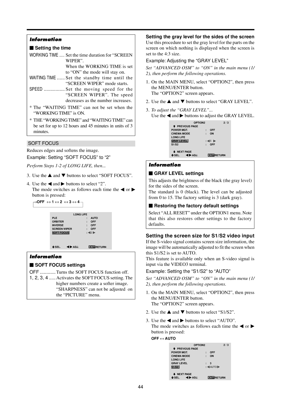 Runco PL-61CX manual Setting the screen size for S1/S2 video input,  Soft Focus settings,  Gray Level settings 