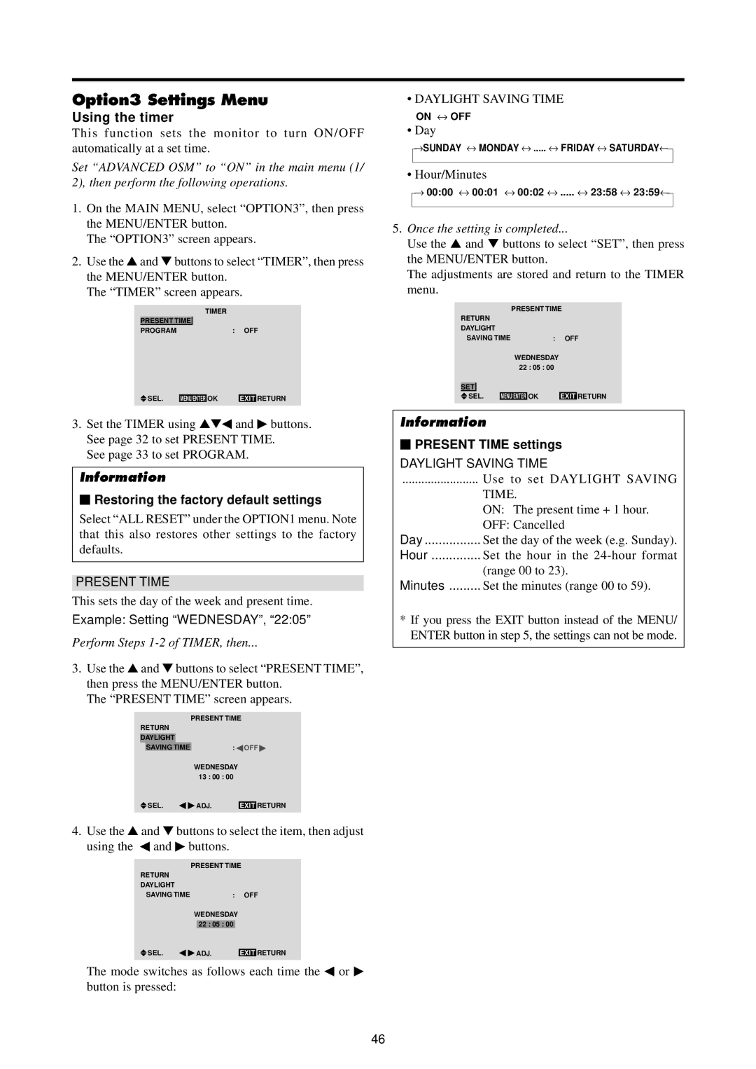 Runco PL-61CX manual Option3 Settings Menu, Using the timer,  Present Time settings, Daylight Saving Time 