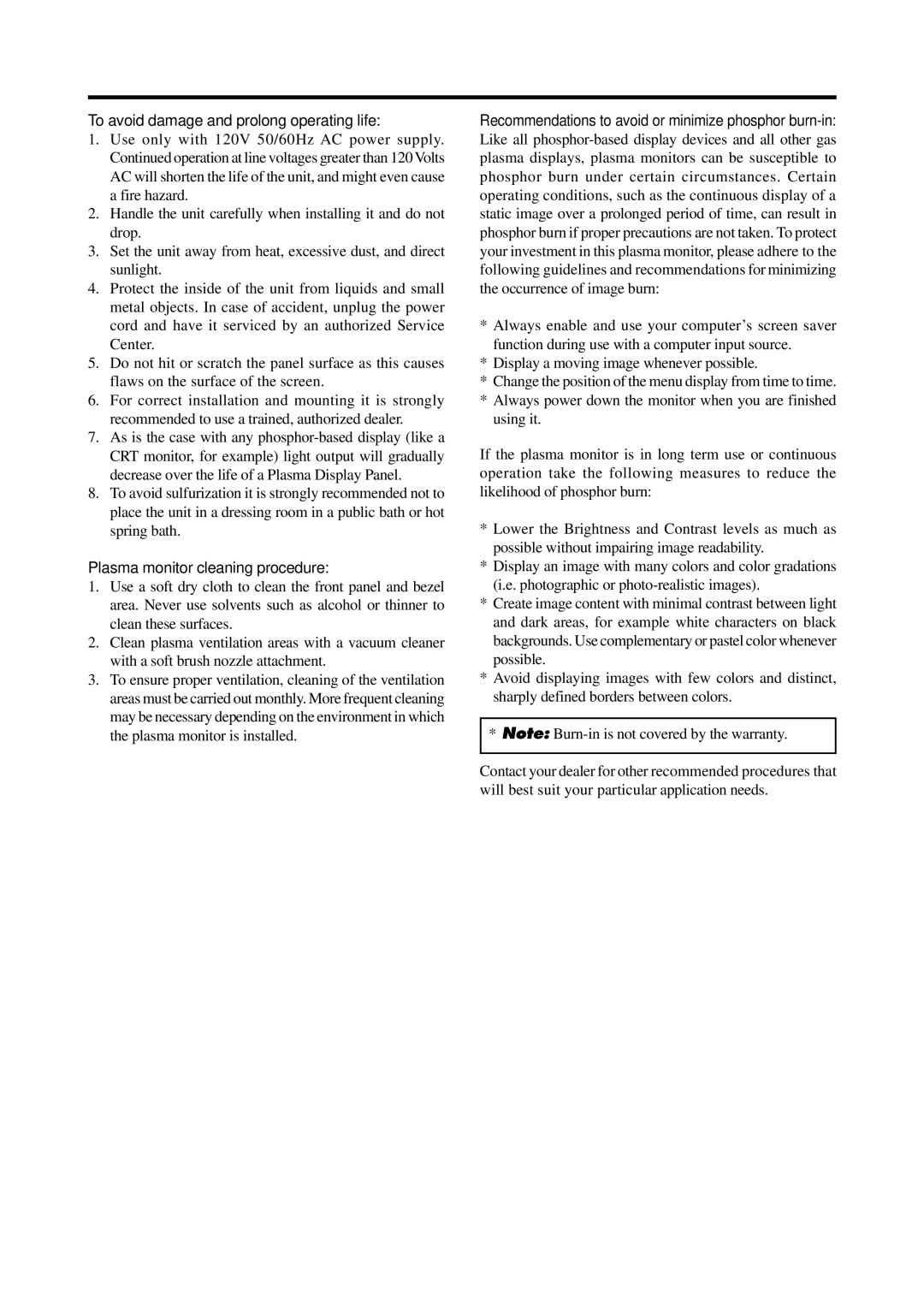 Runco PL-61CX manual To avoid damage and prolong operating life, Plasma monitor cleaning procedure 