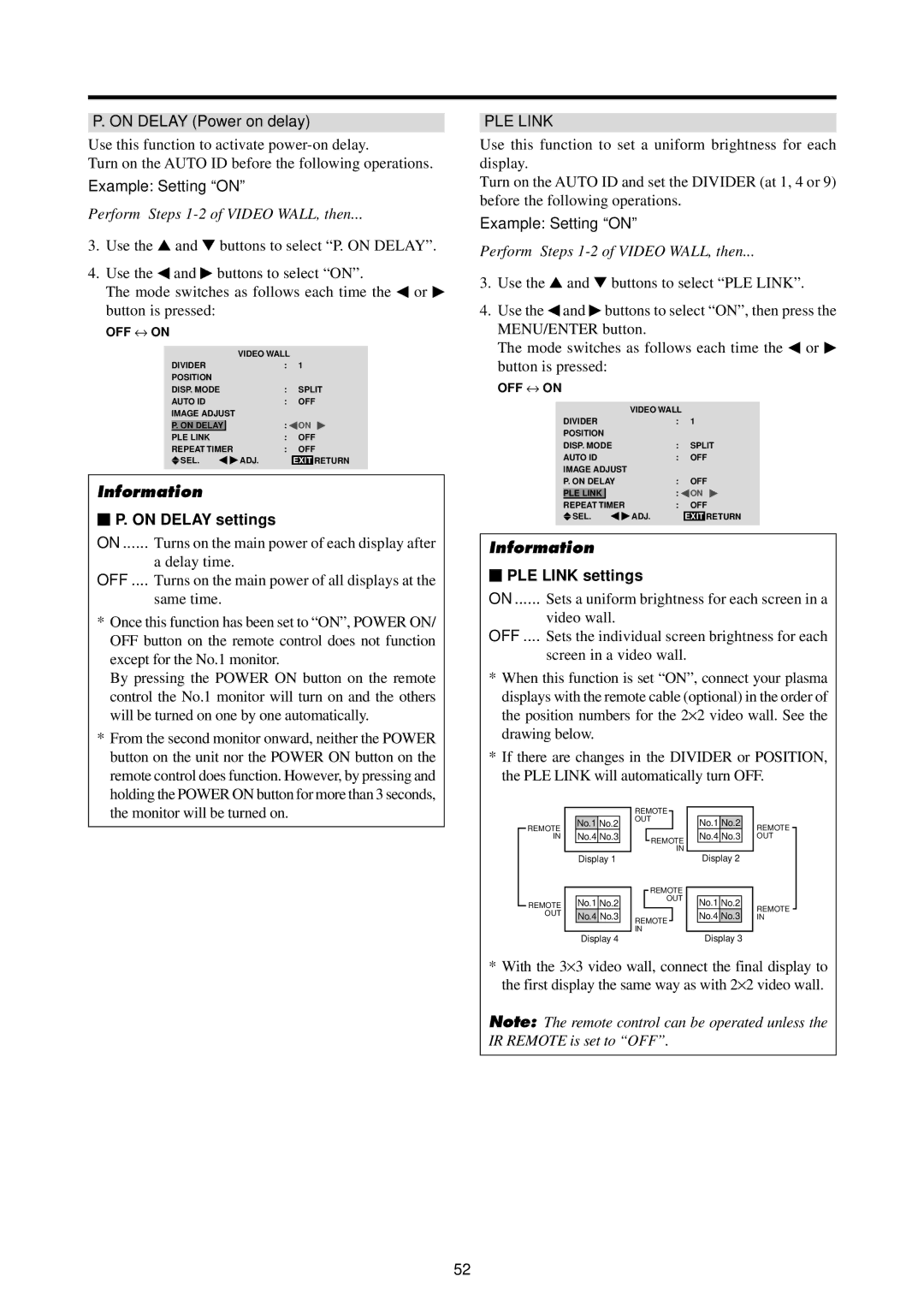 Runco PL-61CX manual On Delay Power on delay,  P. on Delay settings,  PLE Link settings 