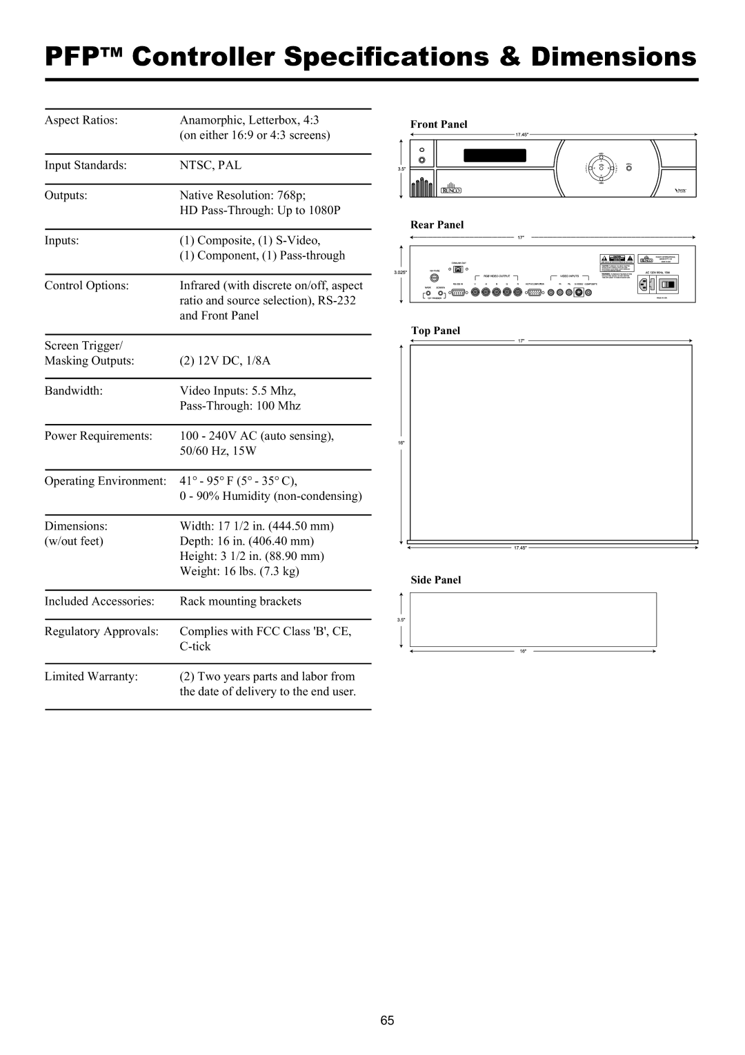 Runco PL-61CX manual Pfptm Controller Specifications & Dimensions 