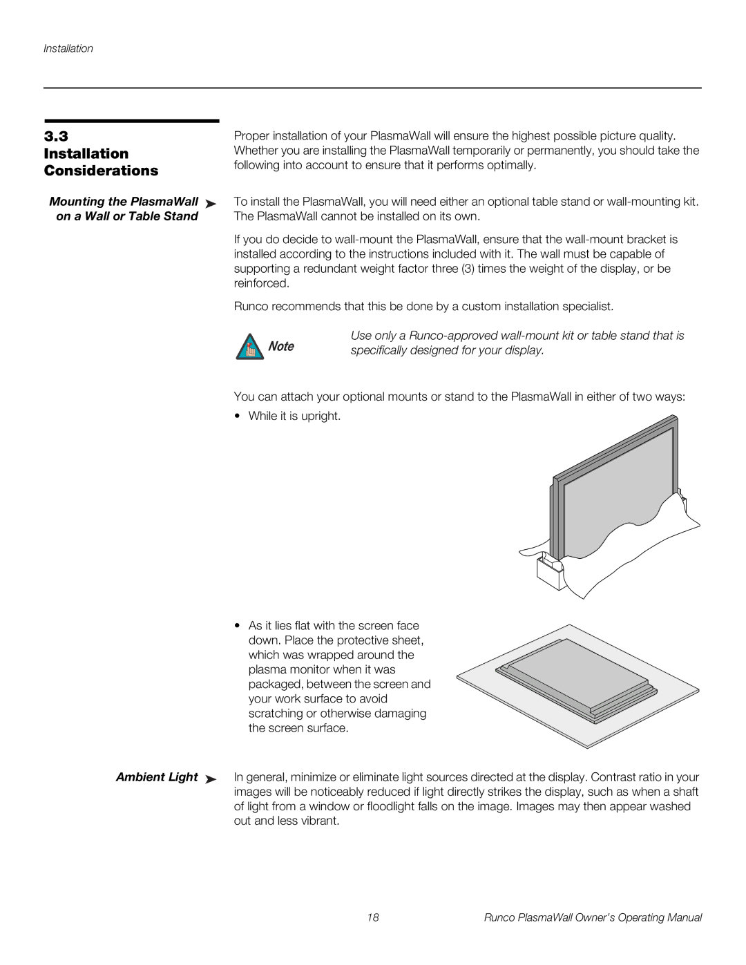 Runco PL-61DHD, PL-50XA manual Installation, Considerations, Mounting the PlasmaWall, On a Wall or Table Stand 