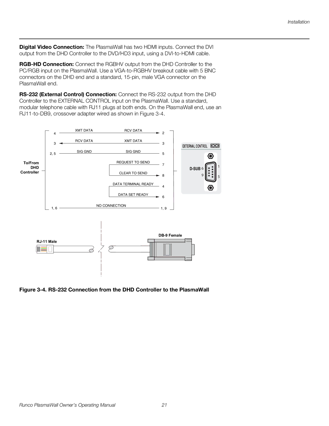 Runco PL-50XA, PL-61DHD manual RS-232 Connection from the DHD Controller to the PlasmaWall 