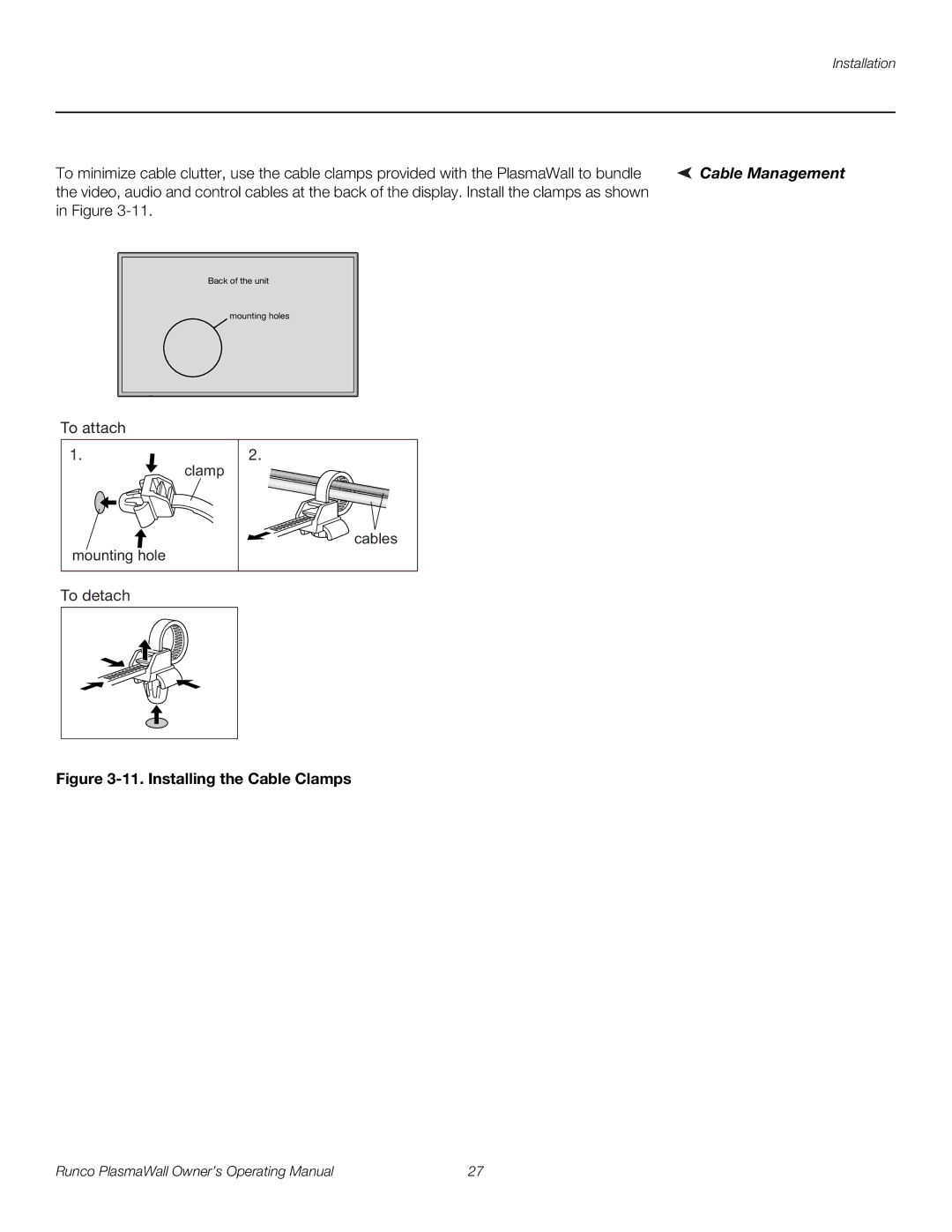 Runco PL-50XA, PL-61DHD manual Cable Management, Installing the Cable Clamps 