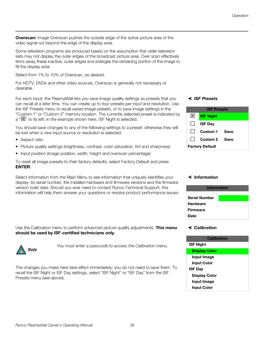 Runco PL-50XA, PL-61DHD manual Information, Calibration, ISF Presets ISF Night ISF Day Custom Save Factory Default 