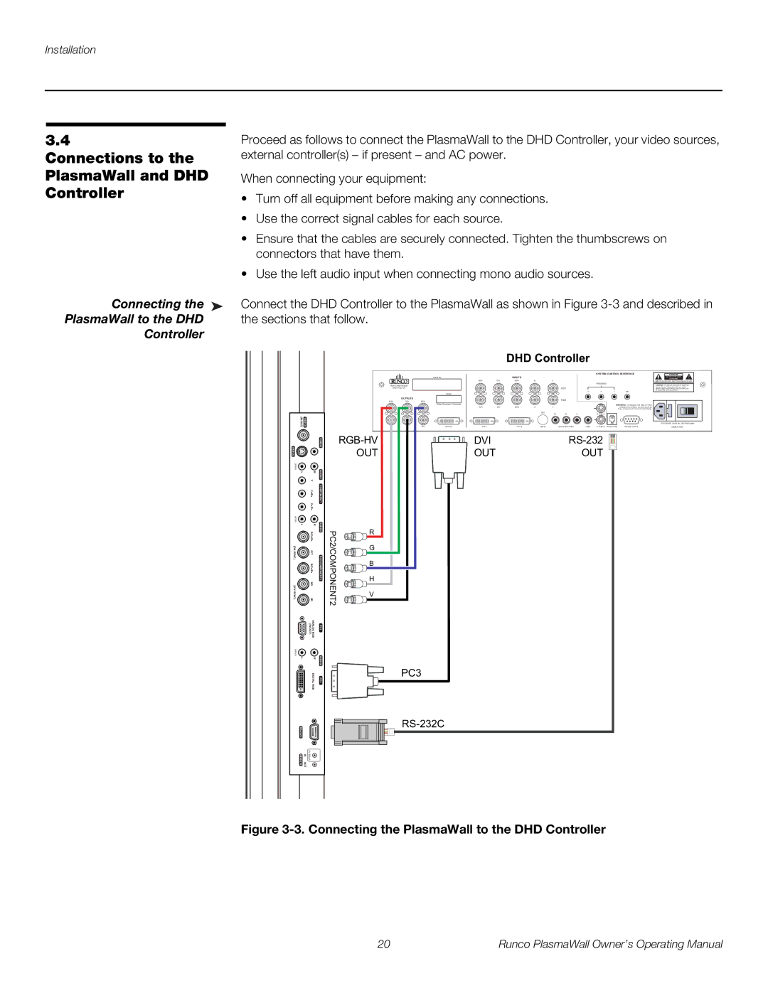 Runco PL-61DHD manual Connections to the PlasmaWall and DHD Controller, Connecting PlasmaWall to the DHD Controller 