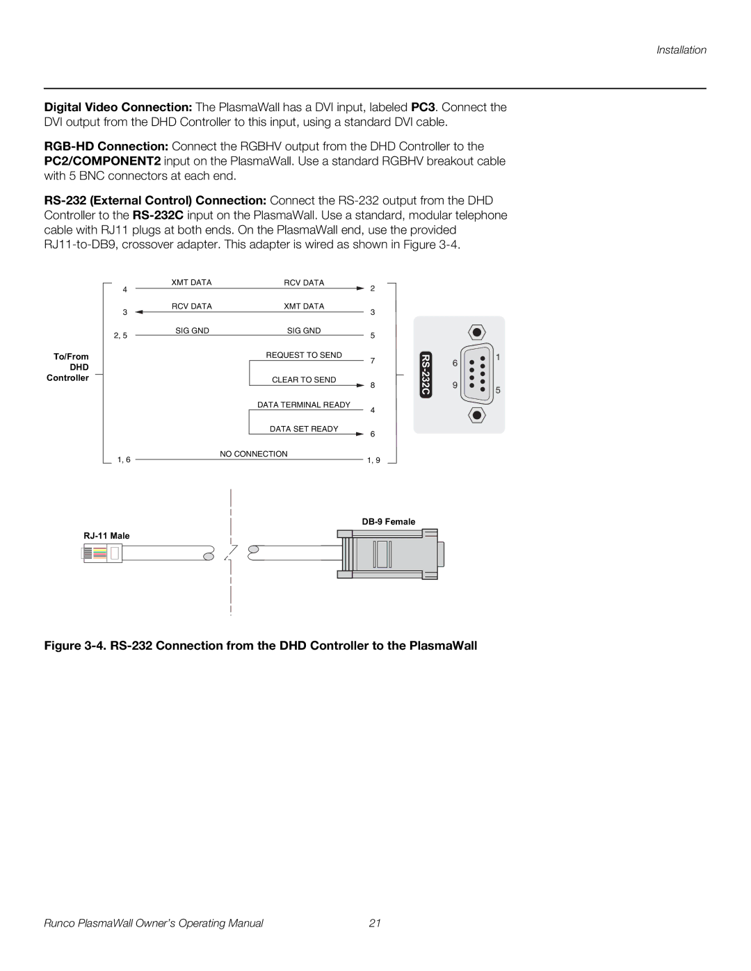 Runco PL-61DHD manual RS-232 Connection from the DHD Controller to the PlasmaWall 