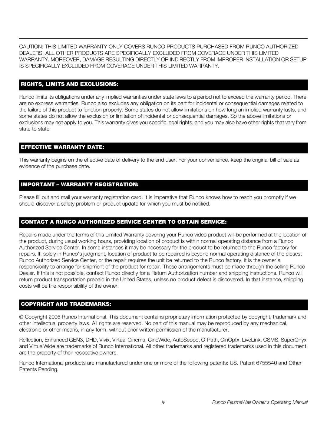 Runco PL-61DHD manual RIGHTS, Limits and Exclusions 