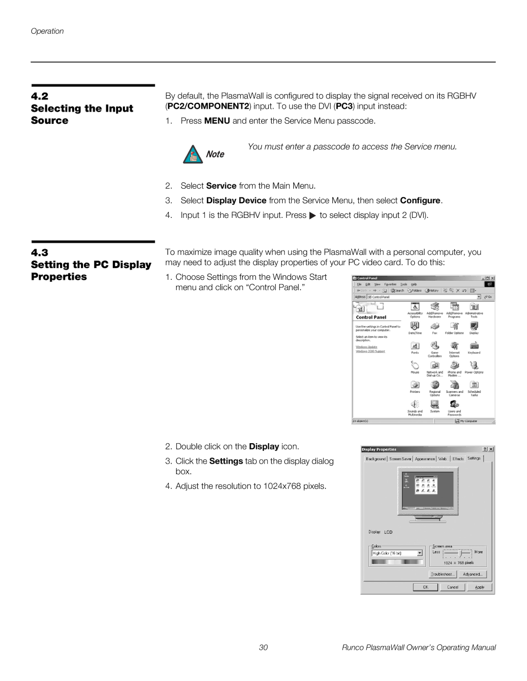 Runco PL-61DHD manual Selecting the Input Source Setting the PC Display Properties 