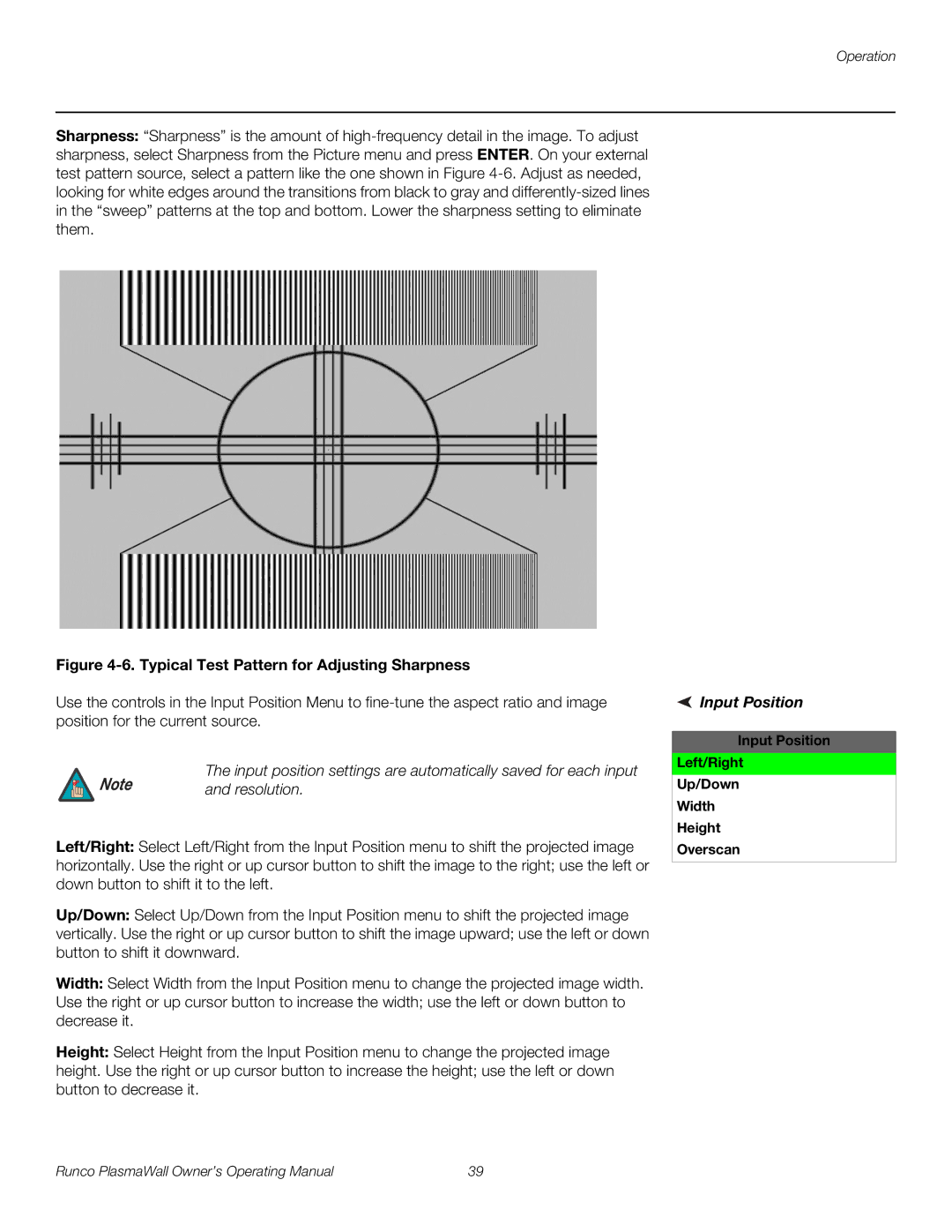 Runco PL-61DHD manual Resolution, Input Position Left/Right Up/Down Width Height Overscan 