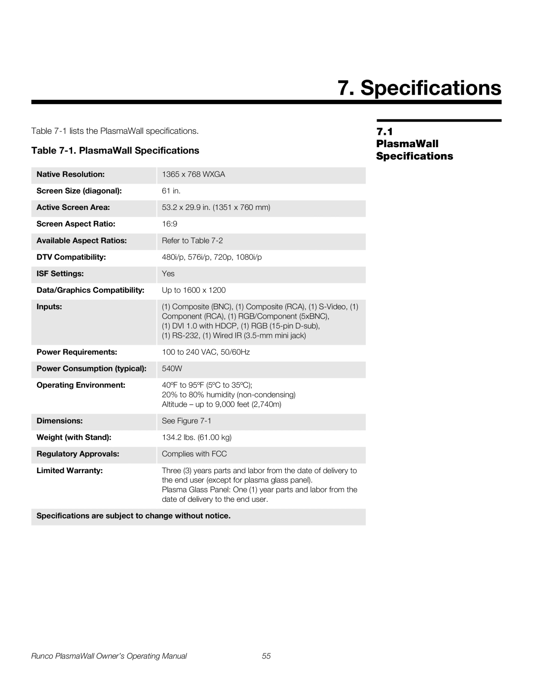 Runco PL-61DHD manual PlasmaWall Specifications 