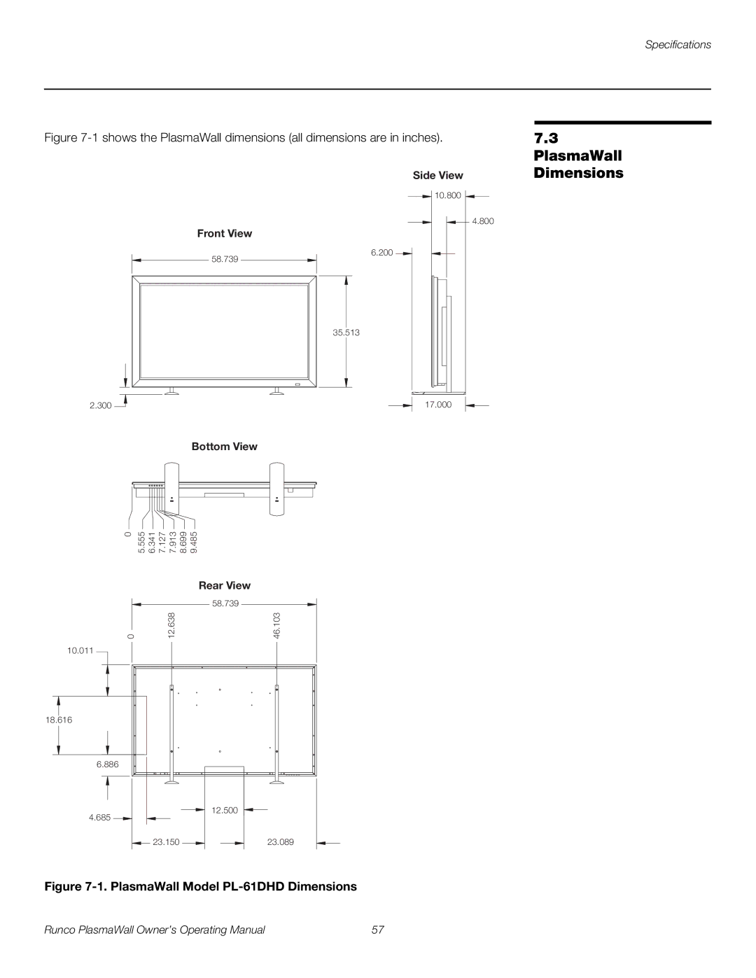 Runco manual PlasmaWall Dimensions, PlasmaWall Model PL-61DHD Dimensions 