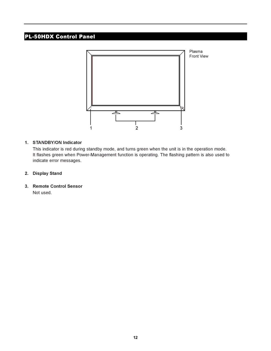 Runco PlasmaWall manual PL-50HDX Control Panel, STANDBY/ON Indicator 