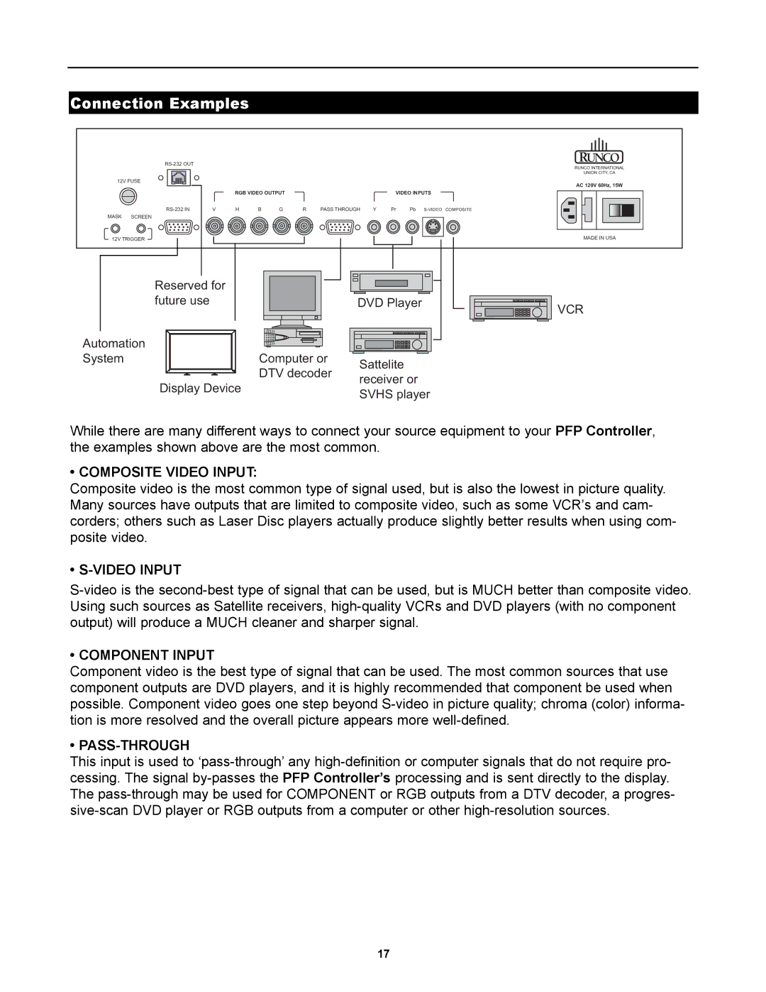 Runco PL-50HDX, PlasmaWall manual Connection Examples, Vcr 