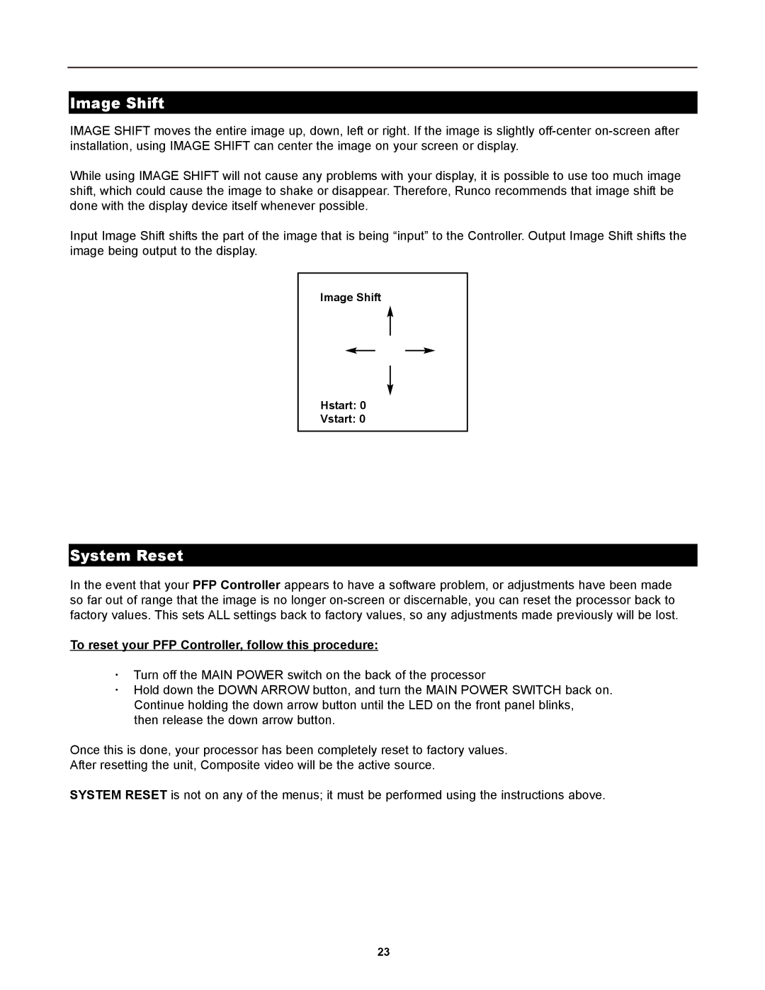 Runco PL-50HDX, PlasmaWall manual Image Shift, System Reset, To reset your PFP Controller, follow this procedure 