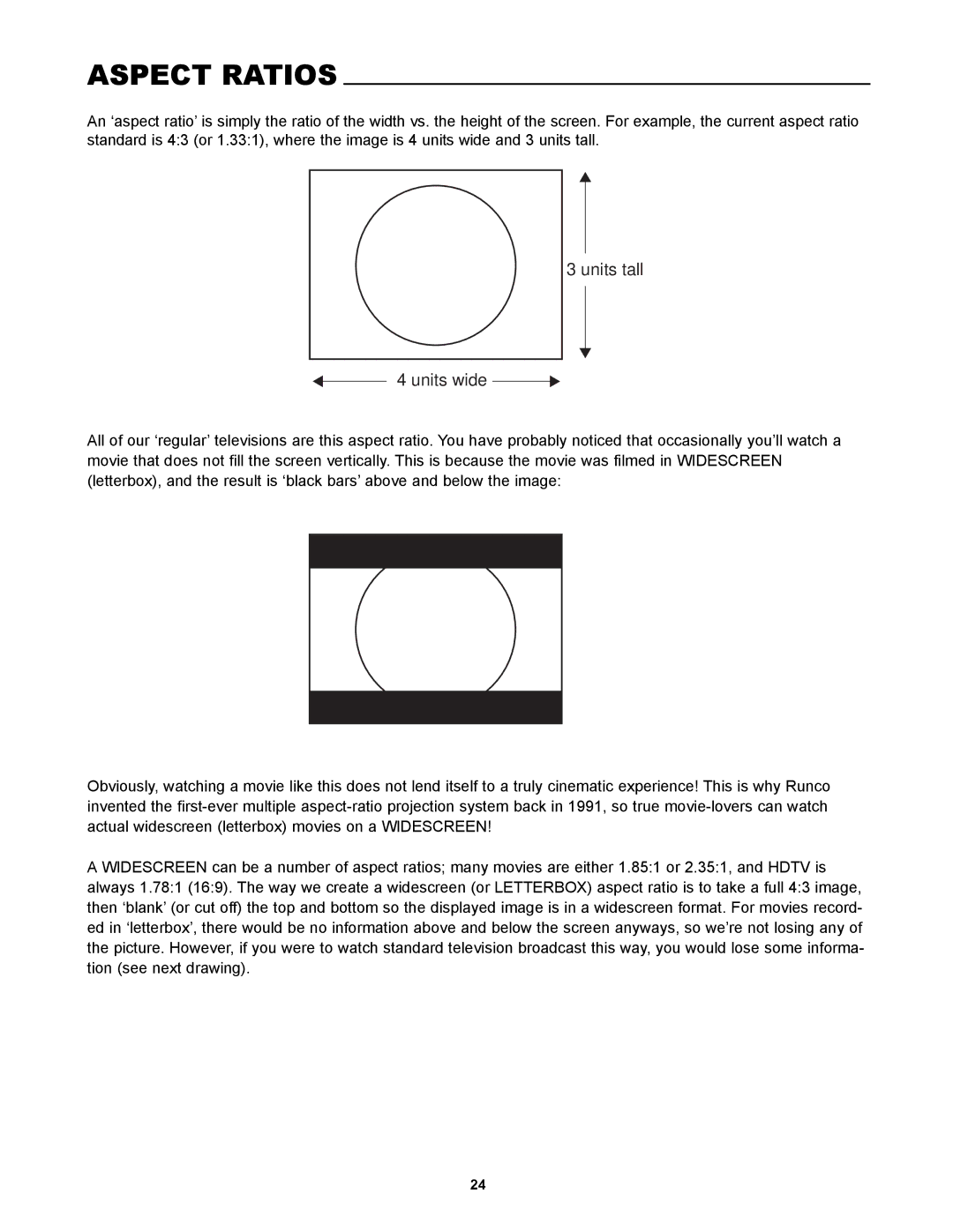 Runco PlasmaWall, PL-50HDX manual Aspect Ratios, Units tall Units wide 