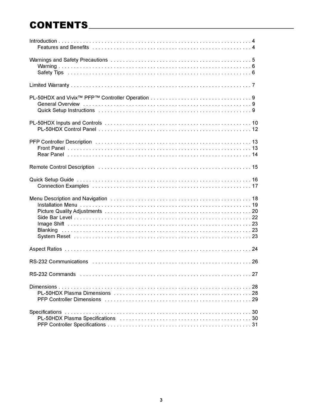 Runco PL-50HDX, PlasmaWall manual Contents 