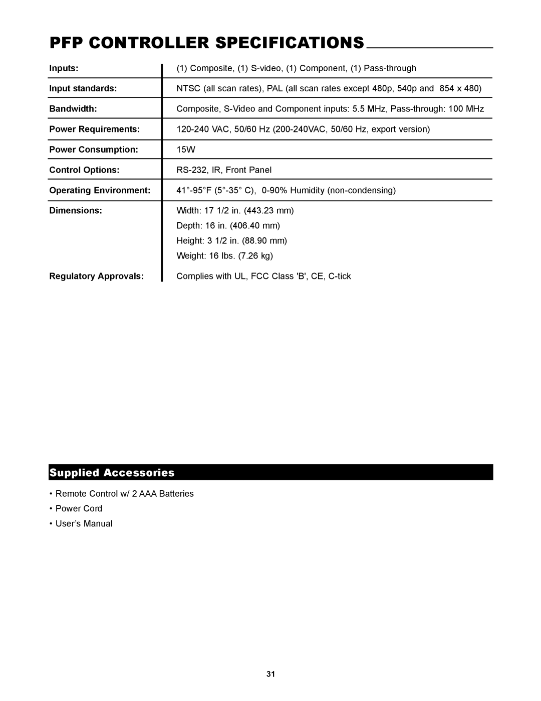 Runco PL-50HDX manual PFP Controller Specifications, Supplied Accessories, Input standards, Bandwidth, Control Options 