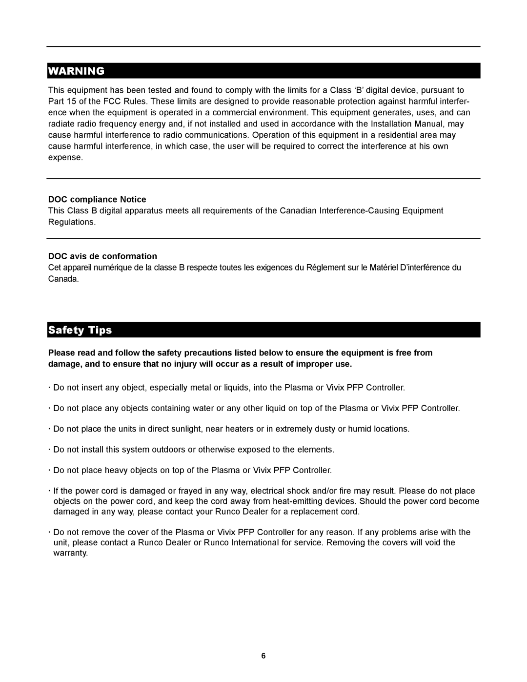 Runco PlasmaWall, PL-50HDX manual Safety Tips, DOC compliance Notice, DOC avis de conformation 