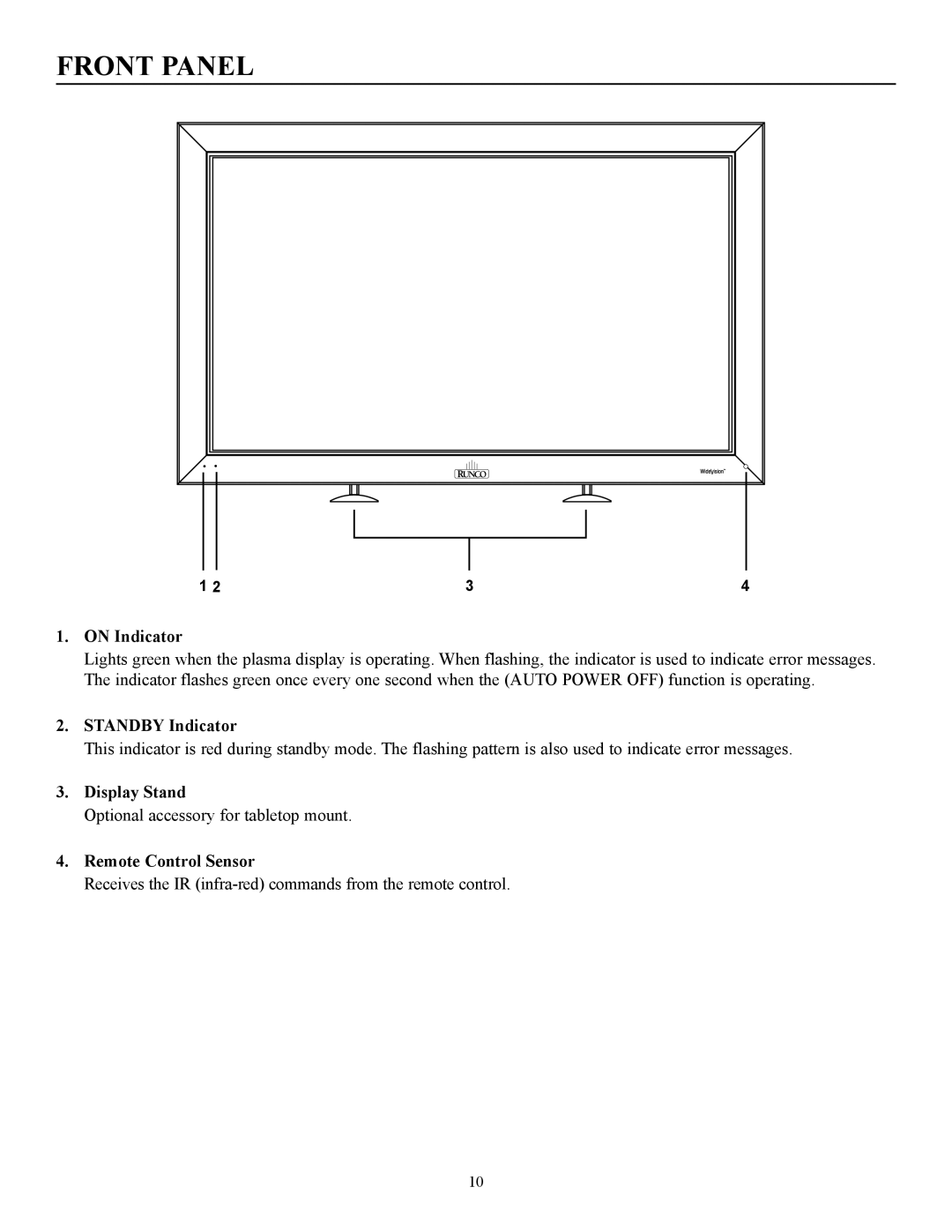 Runco pmn manual Front Panel, On Indicator 