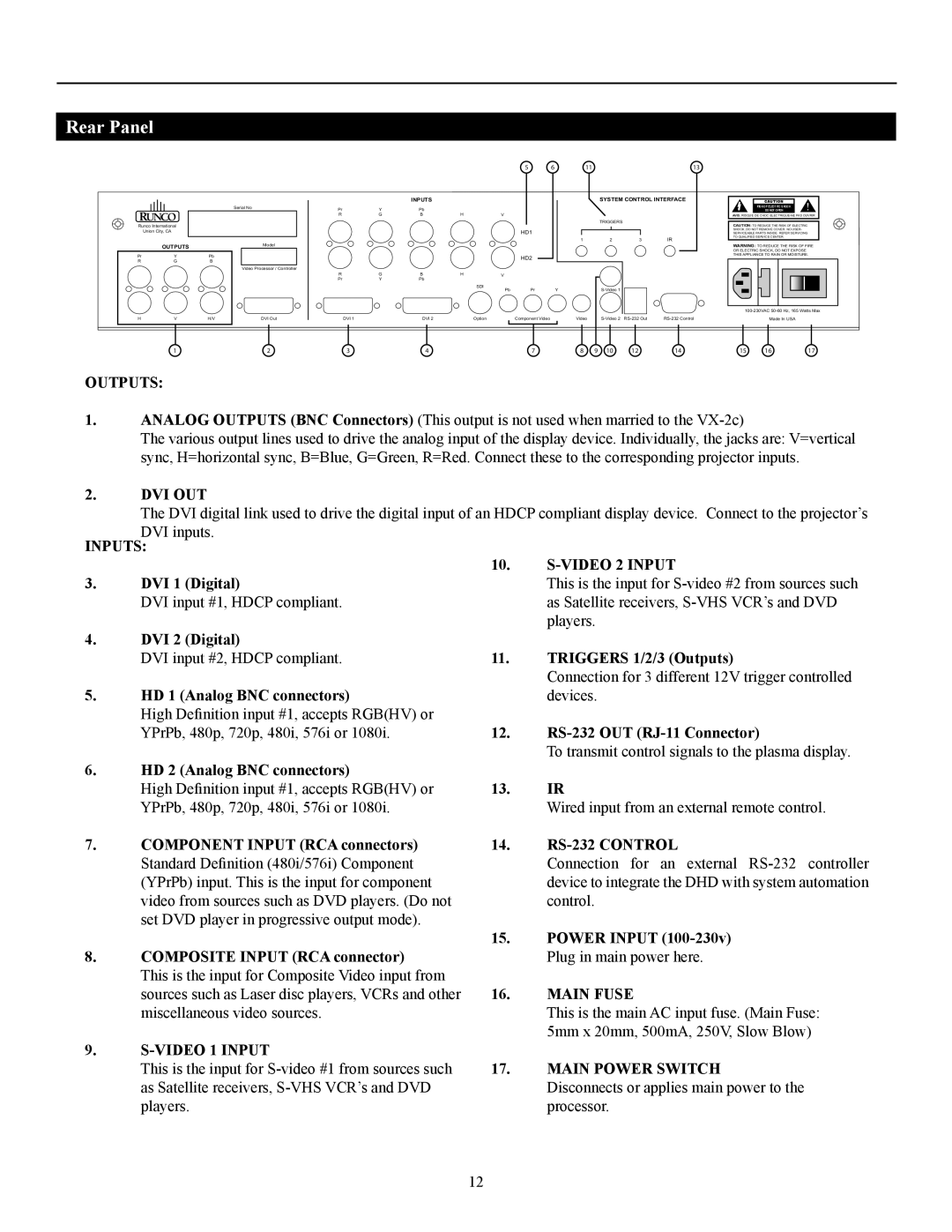 Runco pmn manual Rear Panel, Inputs System Control Interface 