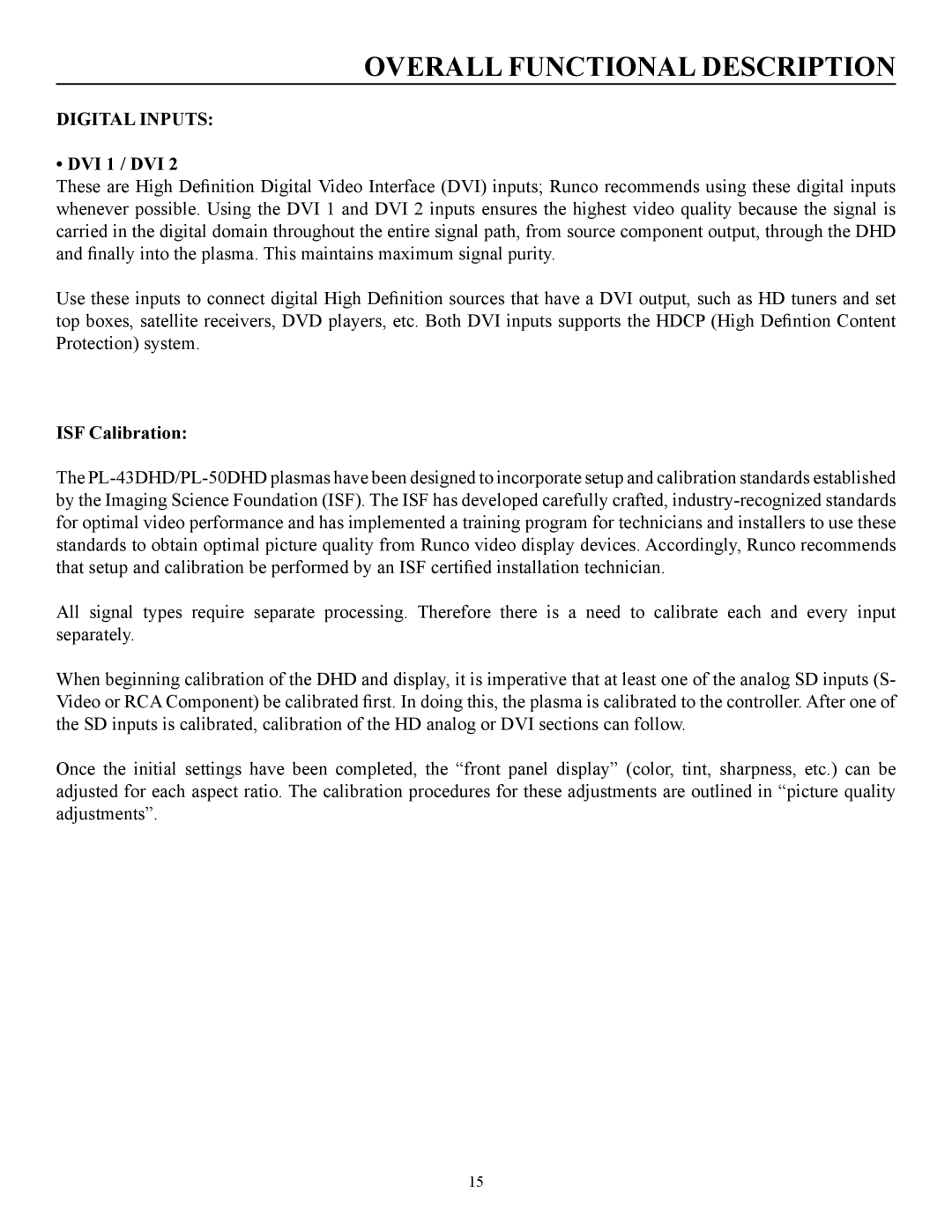 Runco pmn manual Overall Functional Description, Digital Inputs, DVI 1 / DVI, ISF Calibration 