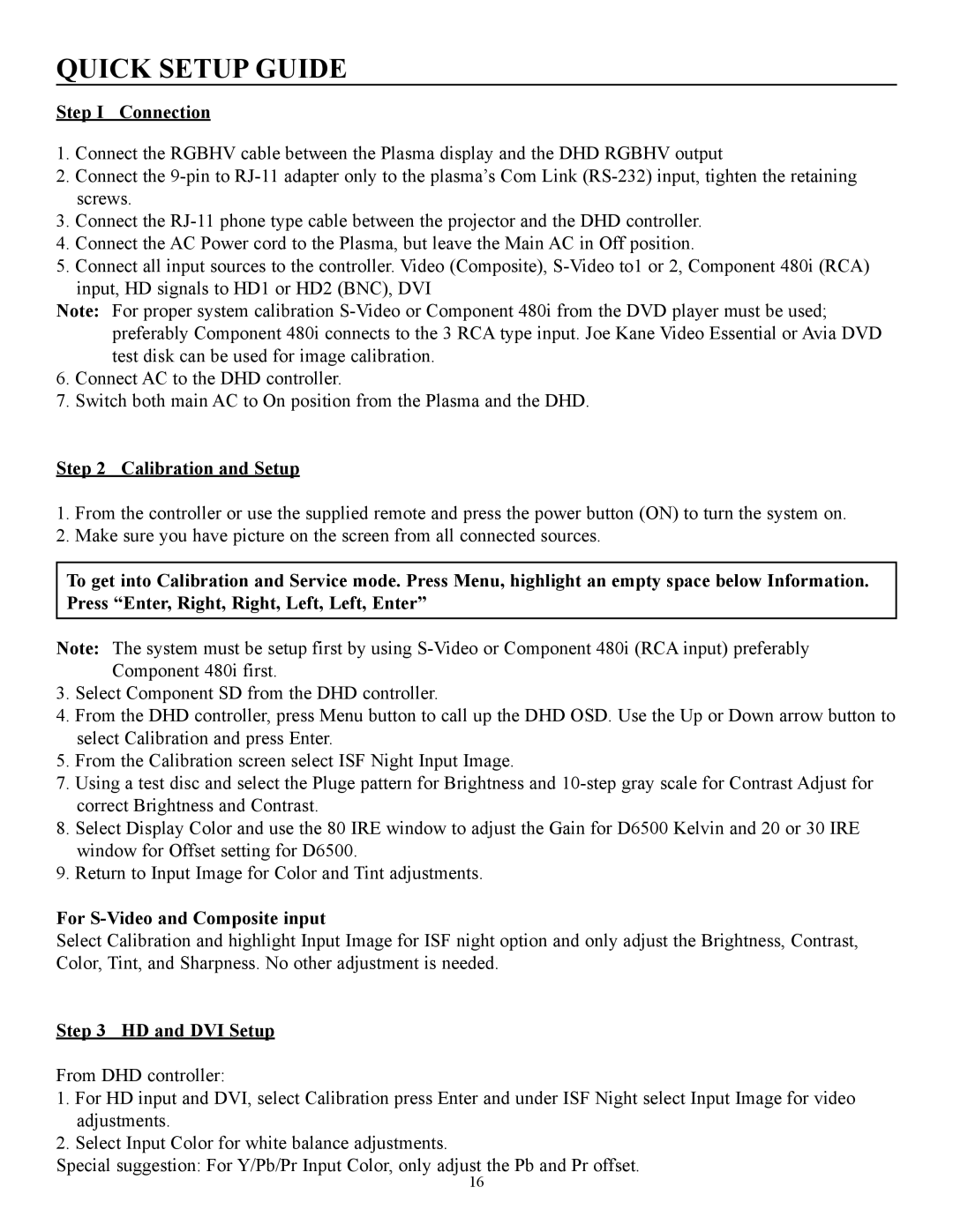 Runco pmn Quick Setup Guide, Step I Connection, Calibration and Setup, For S-Video and Composite input, HD and DVI Setup 