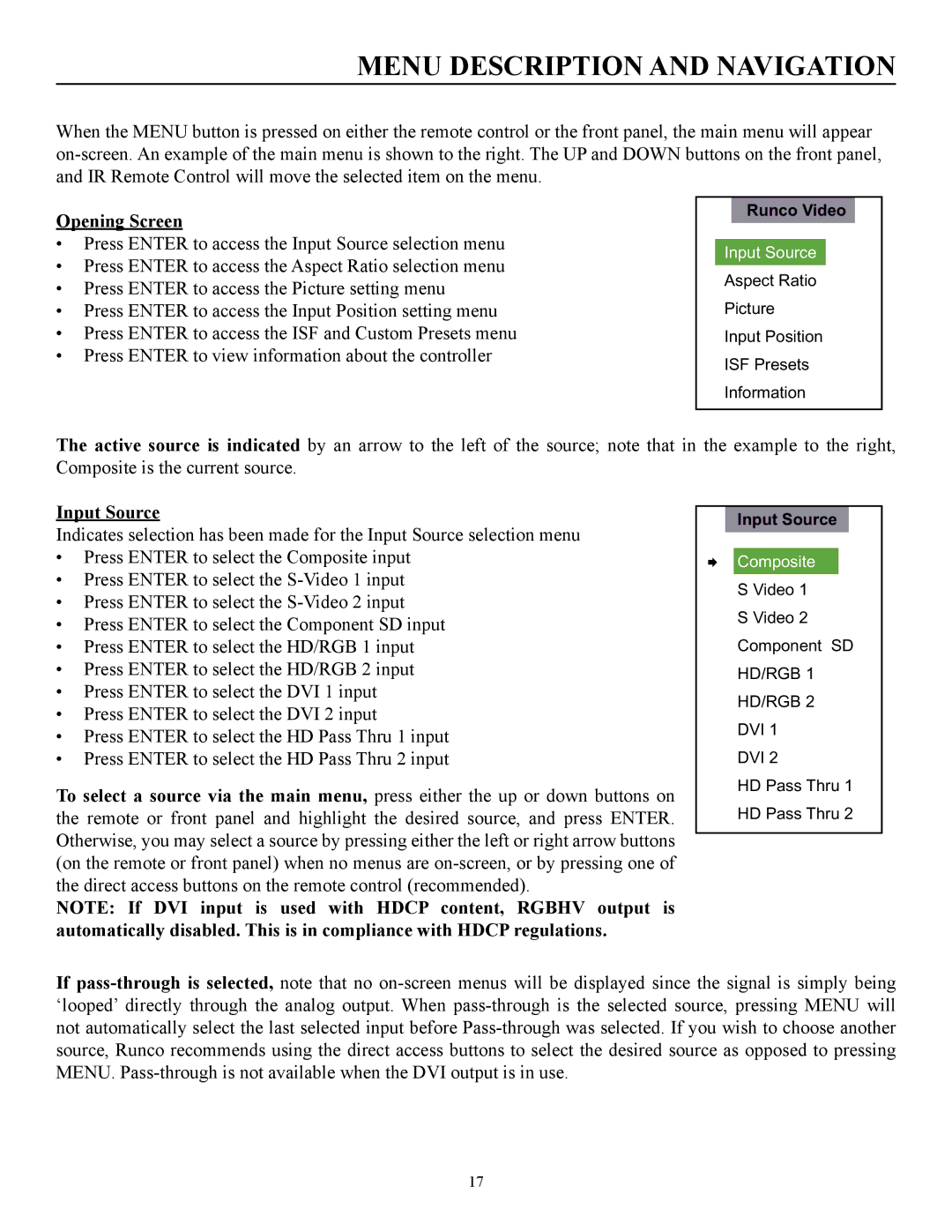 Runco pmn manual Menu Description and Navigation, Opening Screen, Input Source 