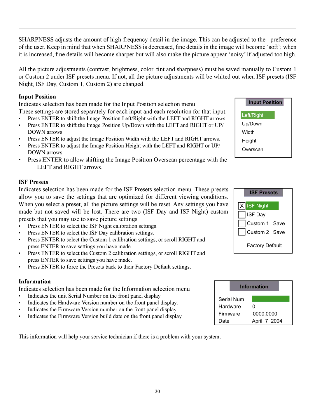 Runco pmn manual Input Position, ISF Presets, Information 