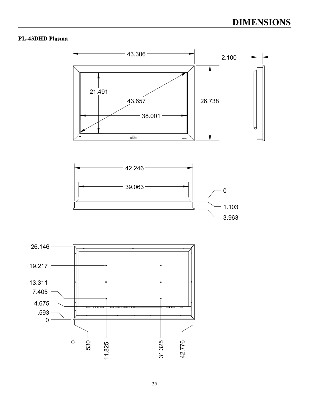 Runco pmn manual Dimensions, PL-43DHD Plasma 