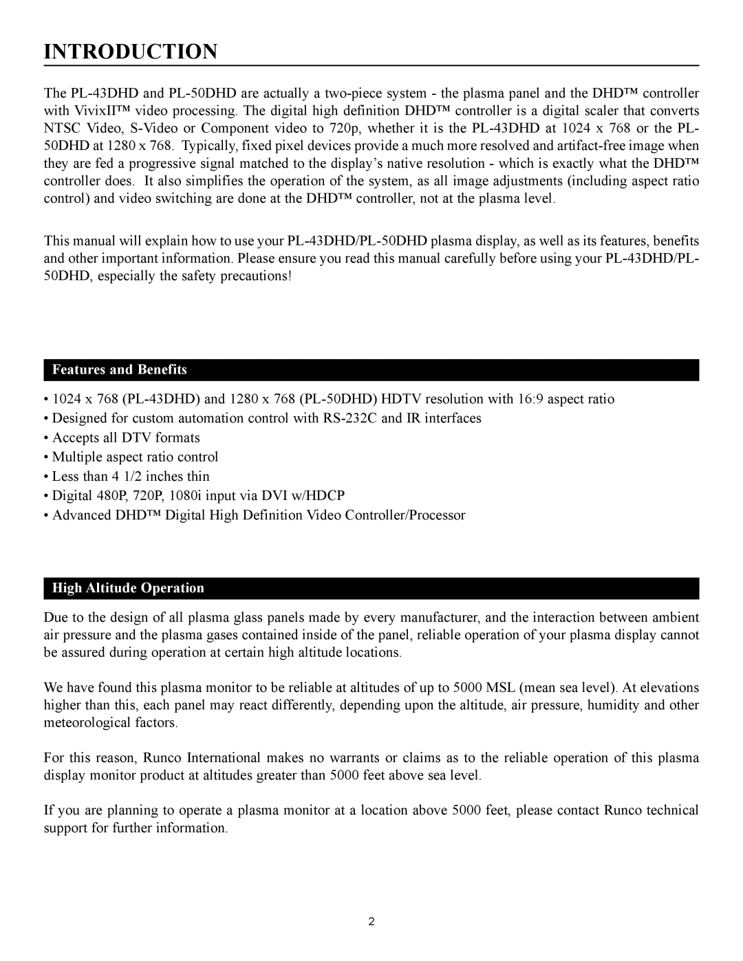 Runco pmn manual Introduction, Features and Benefits, High Altitude Operation 