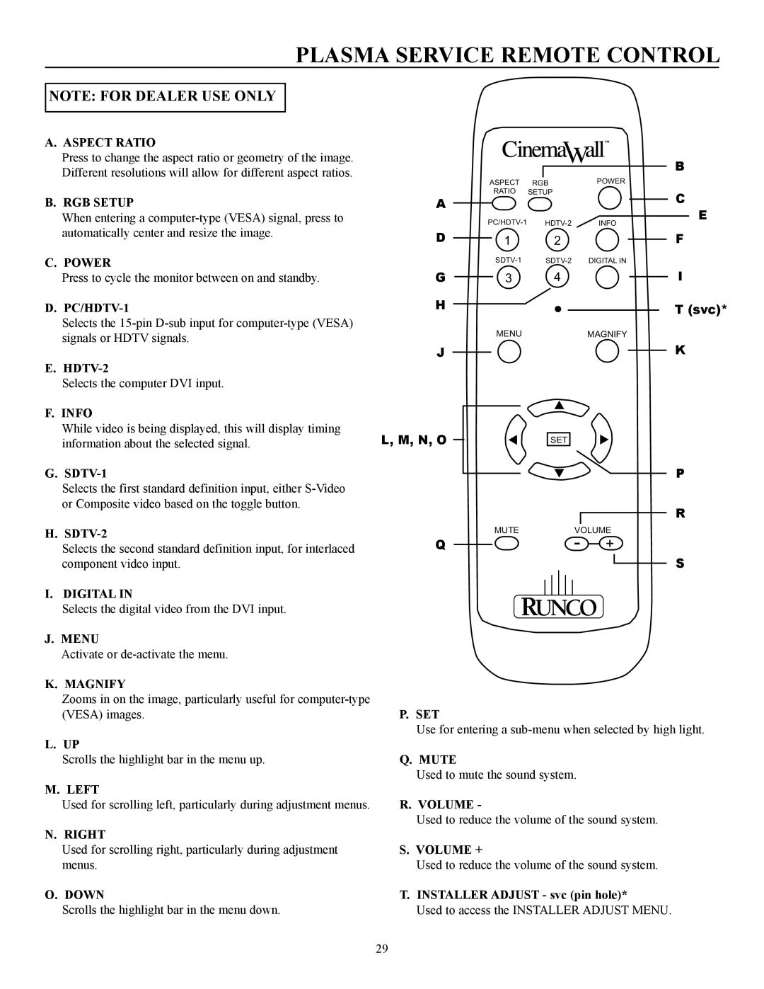 Runco pmn manual Plasma Service Remote Control, Aspect Ratio 