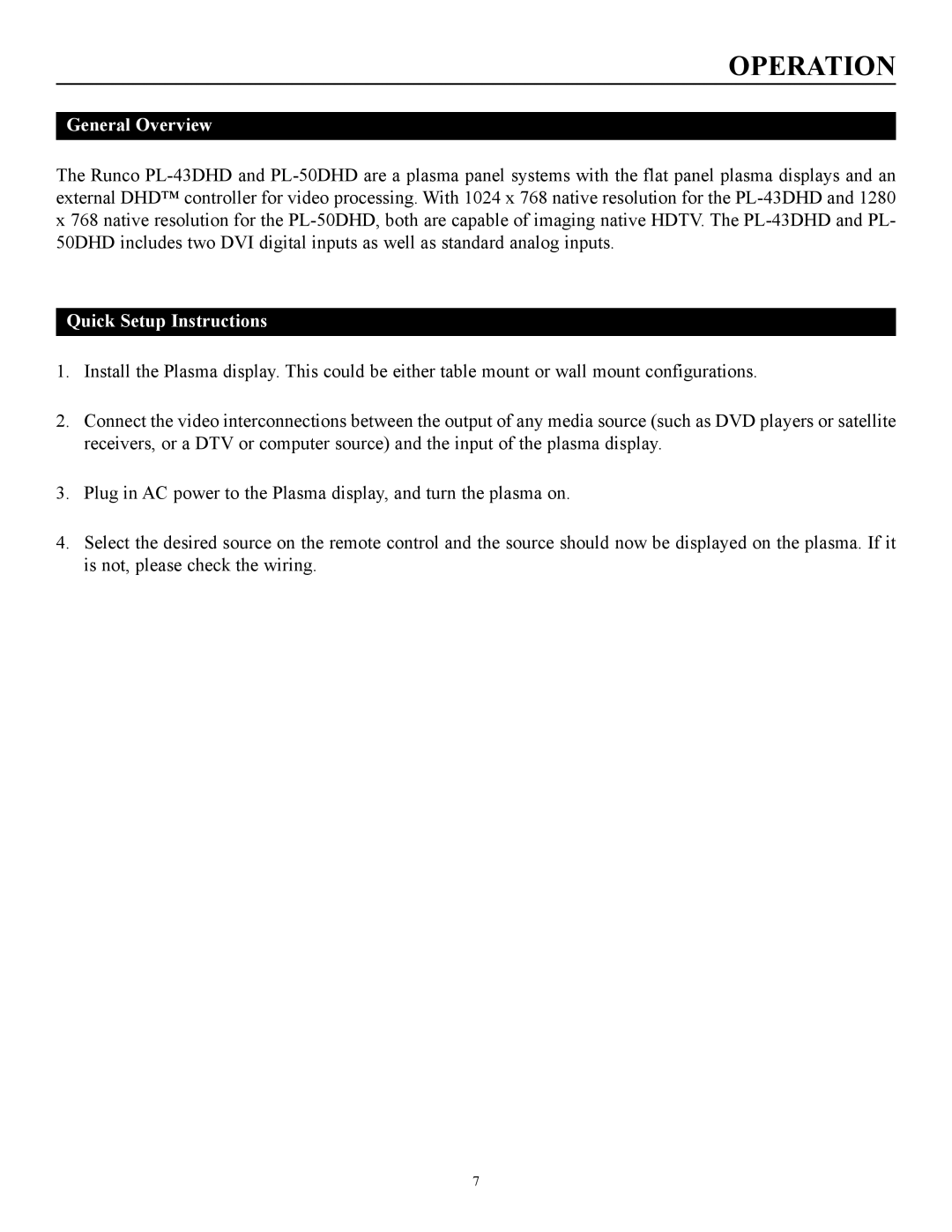 Runco pmn manual Operation, General Overview, Quick Setup Instructions 