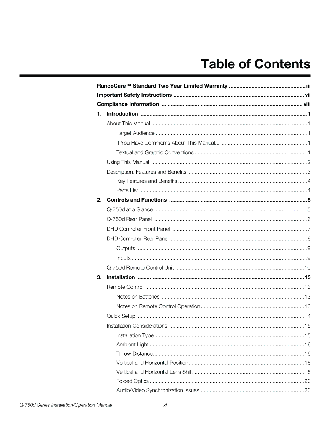 Runco Q-750D operation manual Table of Contents 