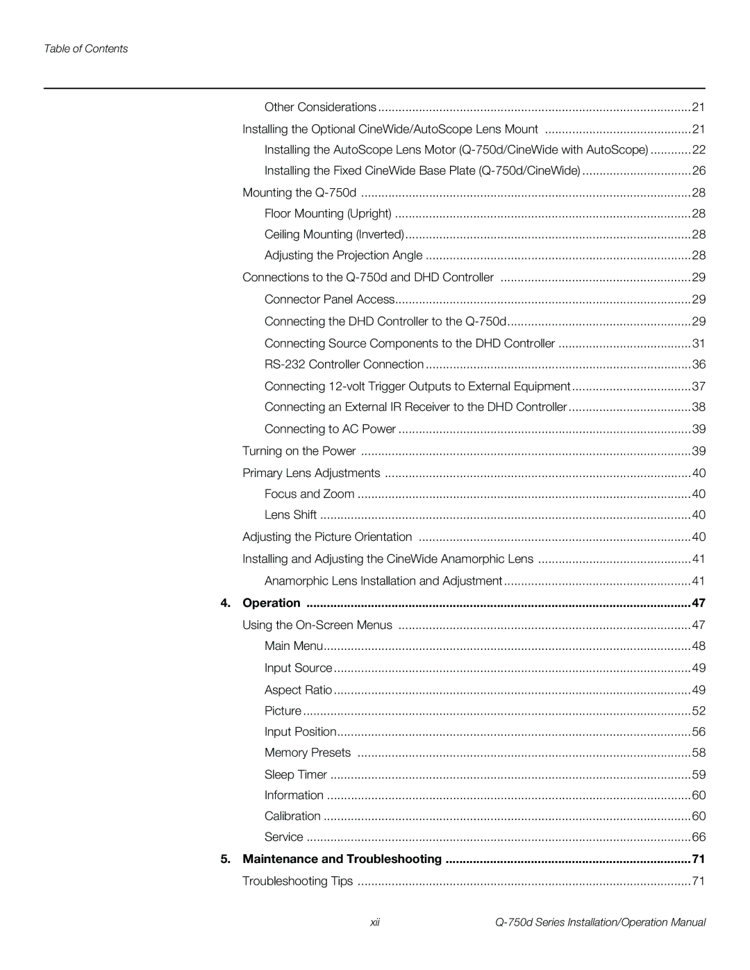 Runco Q-750D operation manual Operation, Maintenance and Troubleshooting 