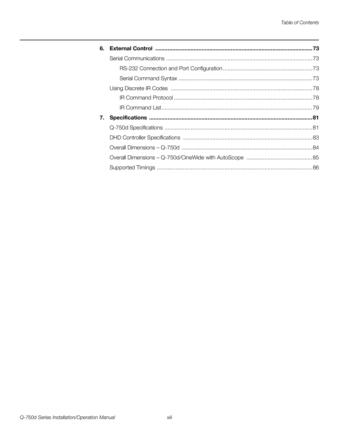 Runco Q-750D operation manual External Control, Specifications 