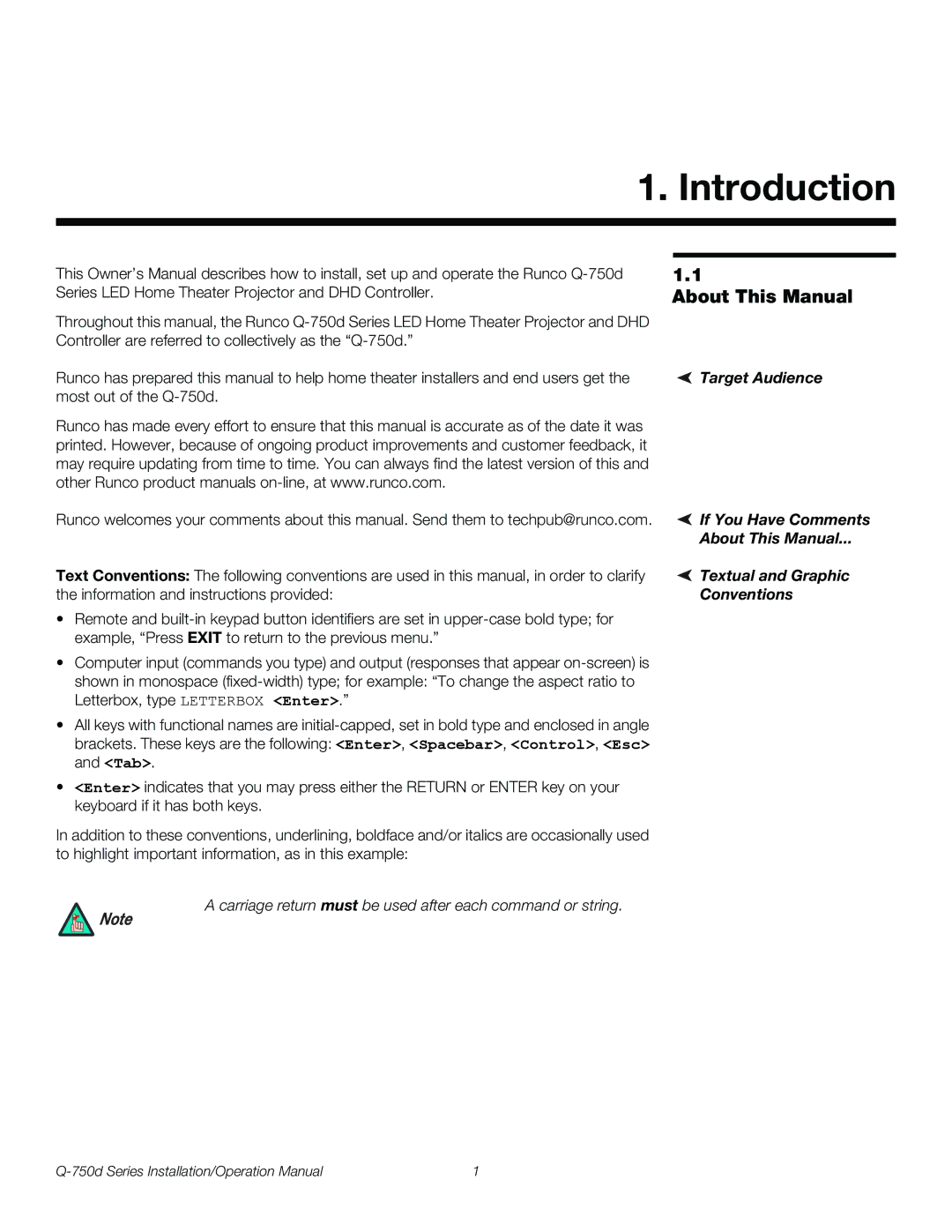 Runco Q-750D operation manual Introduction, About This Manual 