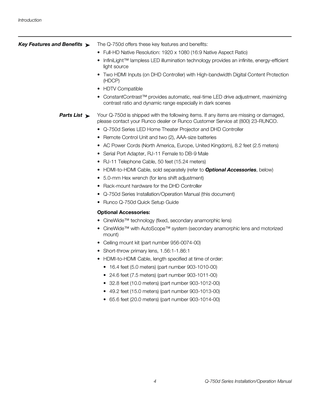 Runco Q-750D operation manual Optional Accessories 