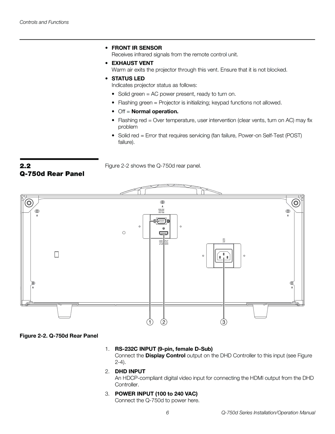 Runco Q-750D 750d Rear Panel, Off = Normal operation, Power Input 100 to 240 VAC Connect the Q-750d to power here 