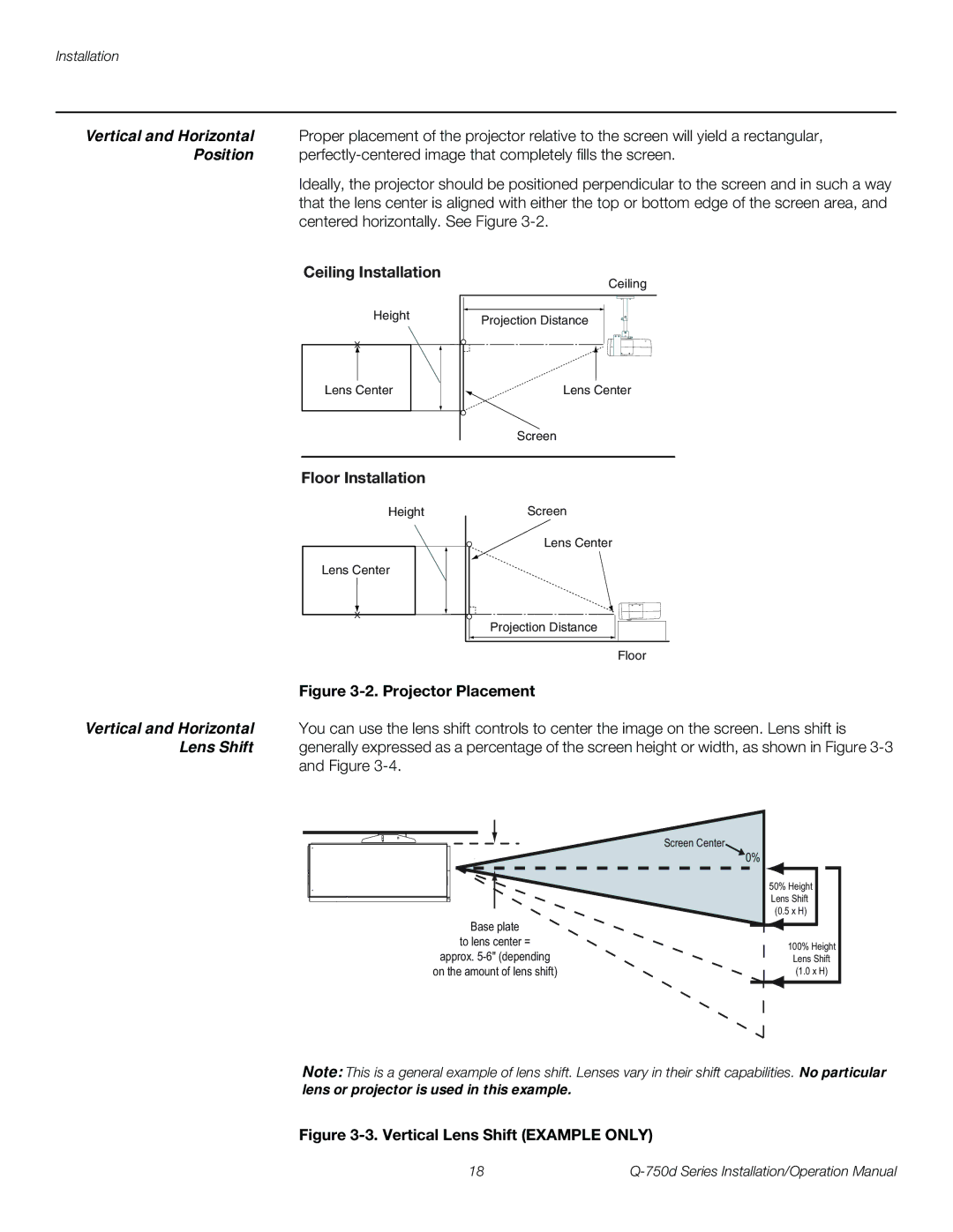 Runco Q-750D operation manual Vertical and Horizontal, Position, Ceiling Installation, Floor Installation, Lens Shift 