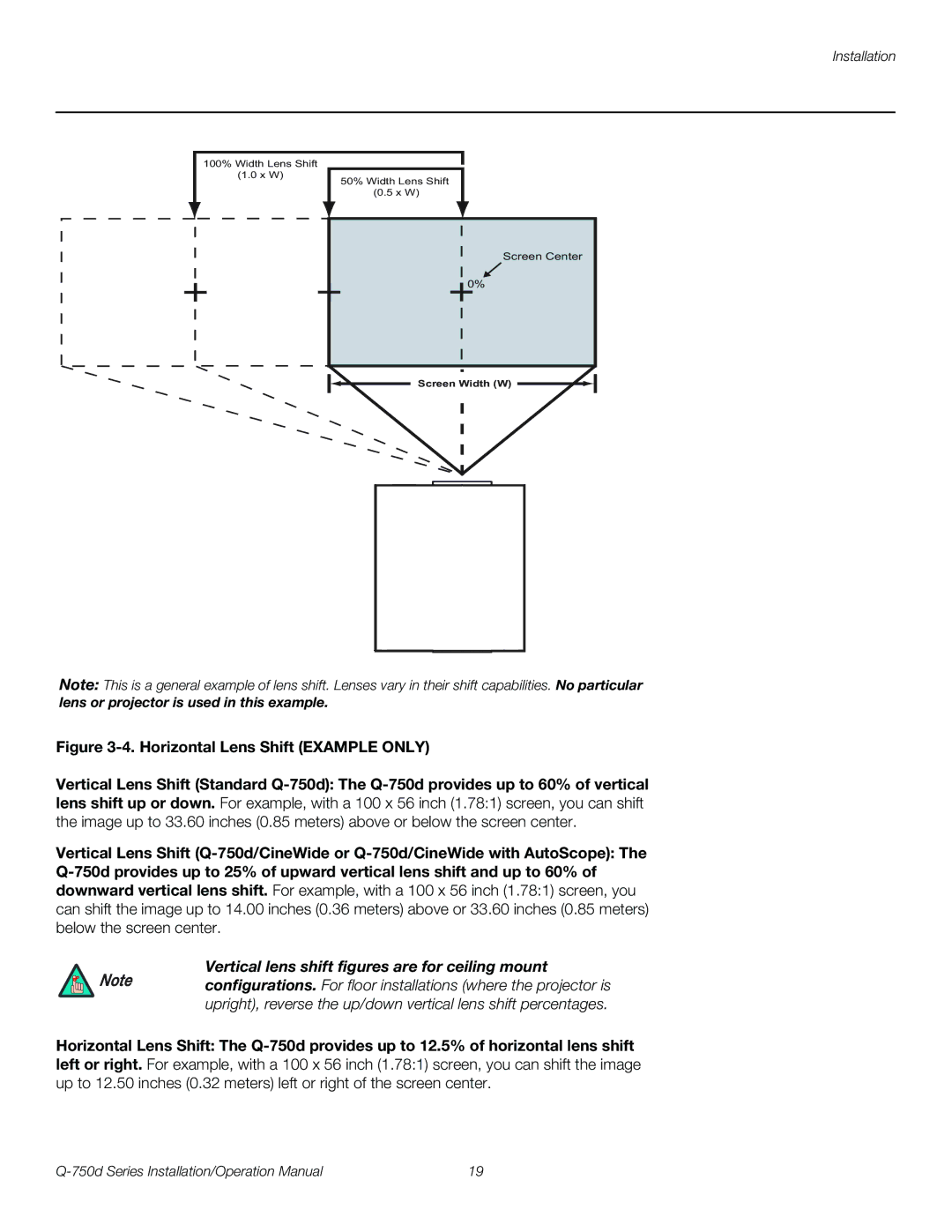 Runco Q-750D operation manual Vertical lens shift figures are for ceiling mount 